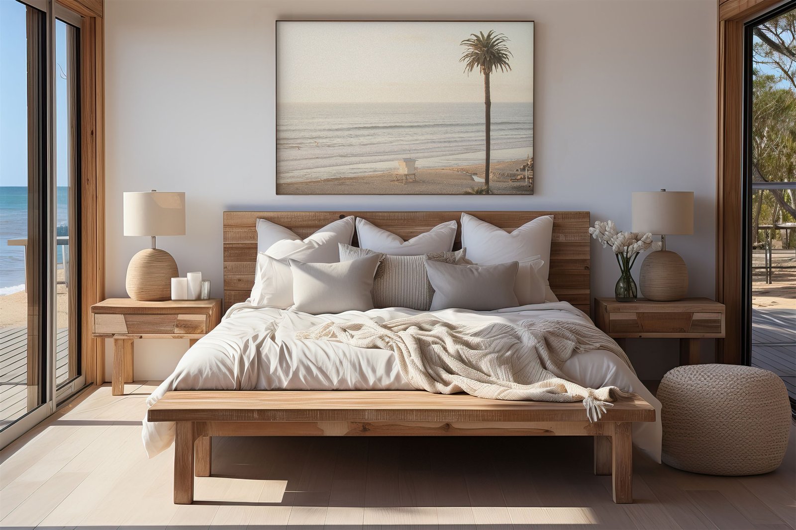 Framed photo of: Moonlight Beach 9130 displayed above a bed in a neutral coastal bedroom.