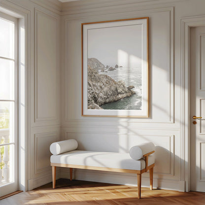 Framed photo of: Bodega Head 7724 displayed above a bench in a luxury hallway.