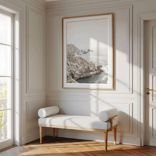 Framed photo of: Bodega Head 7724 displayed above a bench in a luxury hallway.