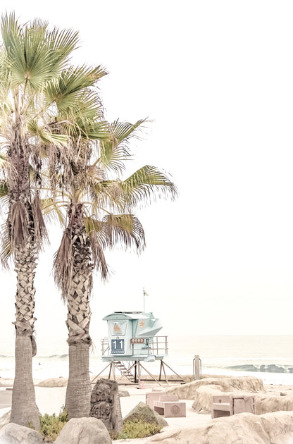Photography by Kim Dybczak of: Two tall palm trees frame a pastel blue lifeguard tower near the beach.