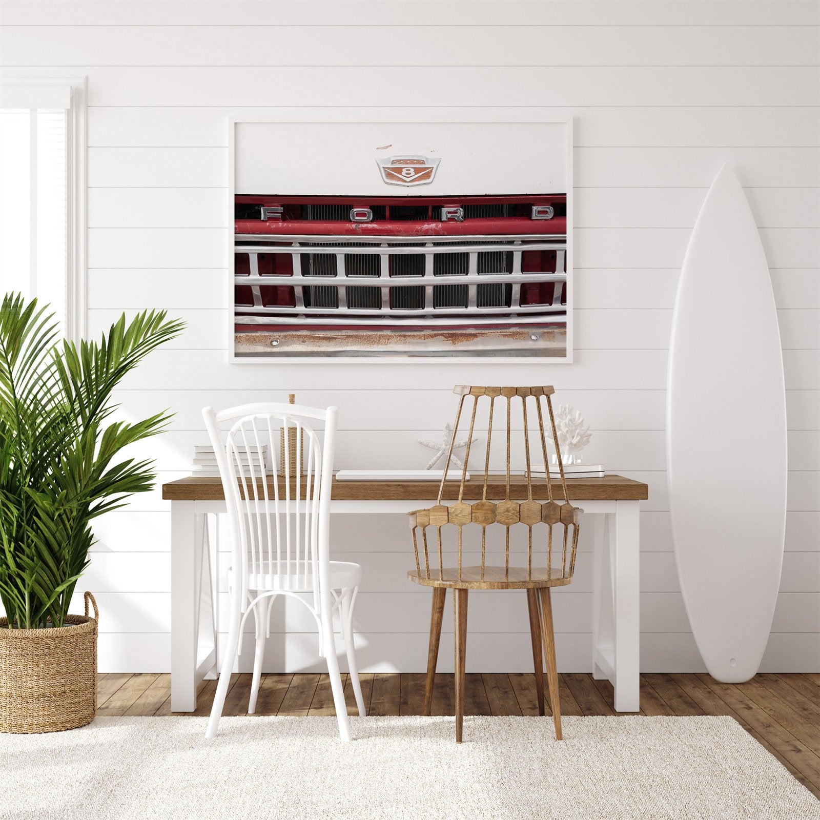 Framed photo of: Ford Truck 8384 displayed above a desk in a surf theme room.