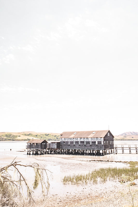 Photography by Salt Creek Prints of: Tomales Bay 7142, Old boat launch in the water facing rolling hills of Marin County, California.