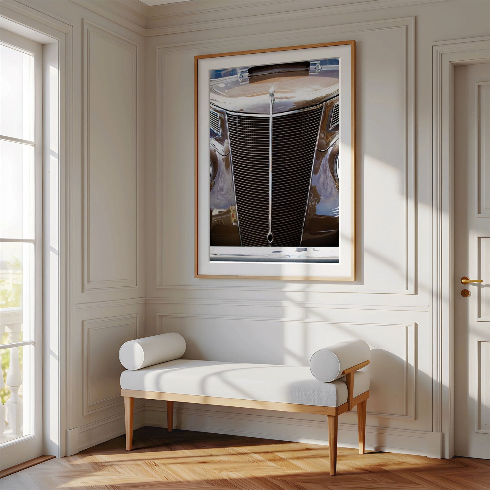 Framed photo of: Ford 7803 displayed above a bench in a luxury hallway.