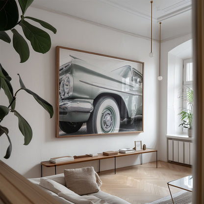 Oversized framed canvas photo of: Bel Air 7855 displayed above a console in a modern living room.