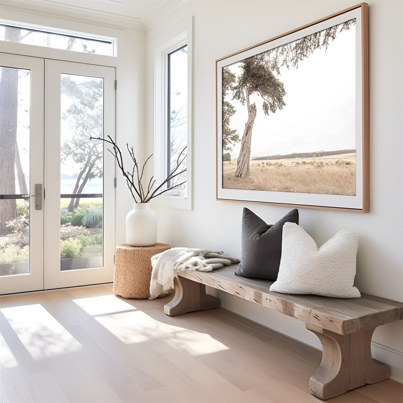Framed photo of: Point Reyes 7161 displayed above a bench in a neutral entry way.
