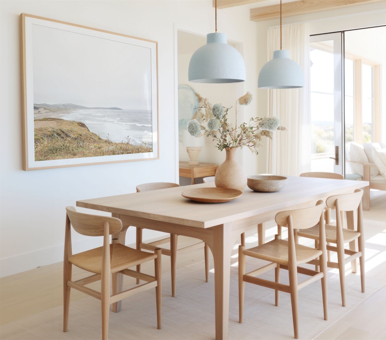 Framed photo of: Salmon Creek Beach 7456 displayed on a wall in a dining room.