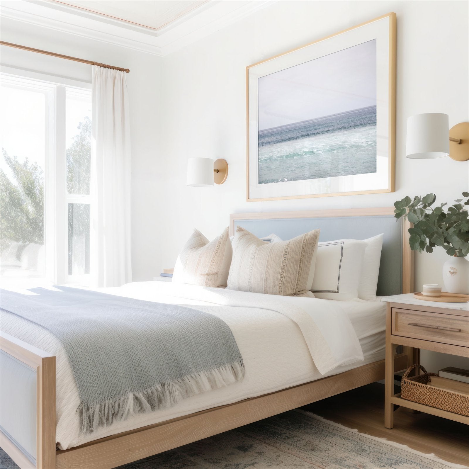 Framed photo of: Torrey Pines 8653 displayed above a bed in a coastal bedroom.