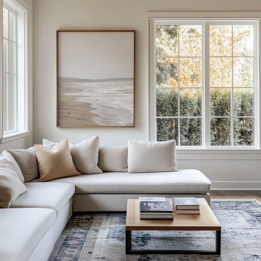 Framed photo of: Salmon Creek Beach 7523 displayed in a coastal living room above a couch.