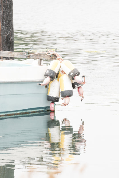 Photography by Salt Creek Prints of: Bodega Bay Boat 7653, A blue boat in the calm waters at Bodega Bay Harbor, California.