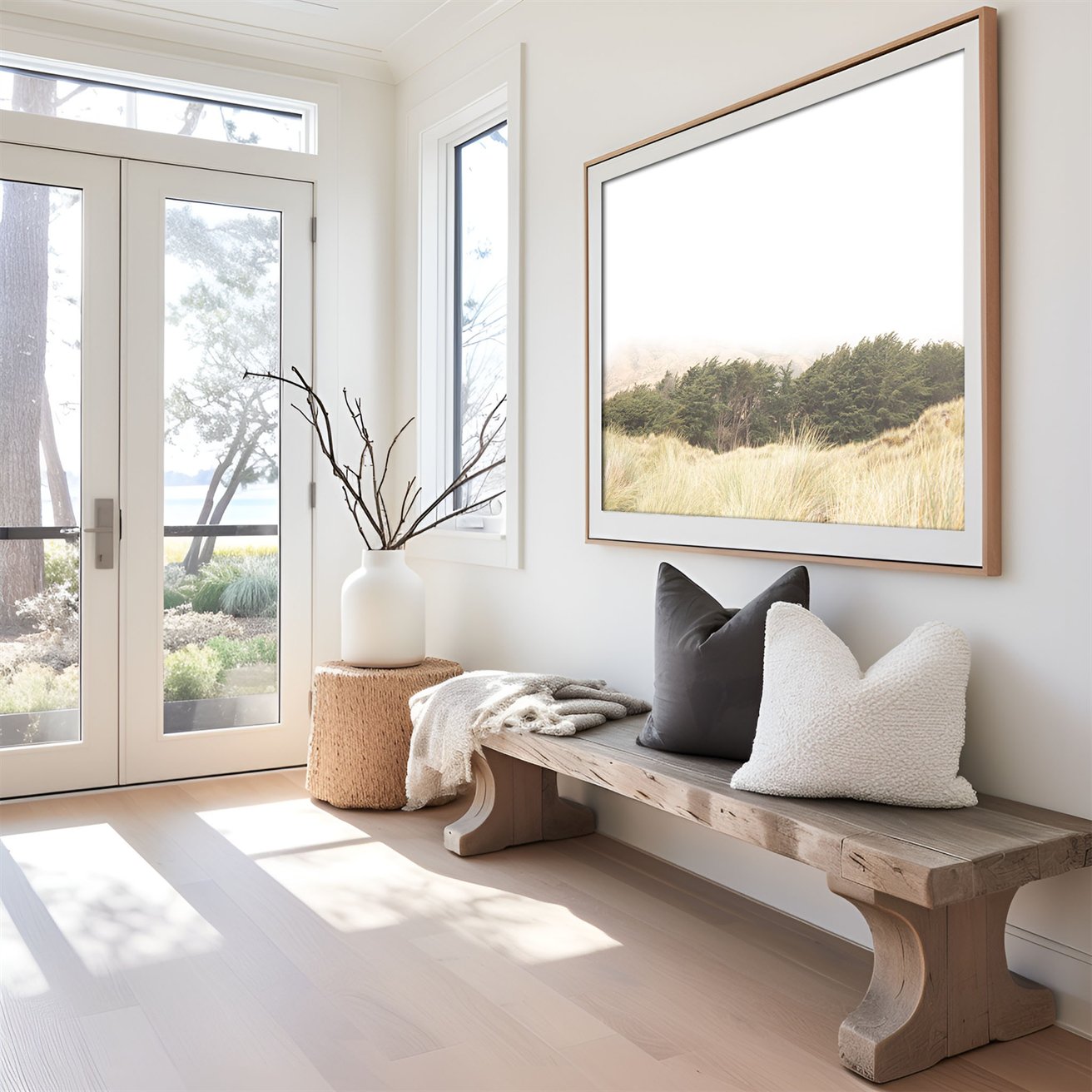 Framed photo of: Bodega Bay 7617 displayed in an entry way above a bench.
