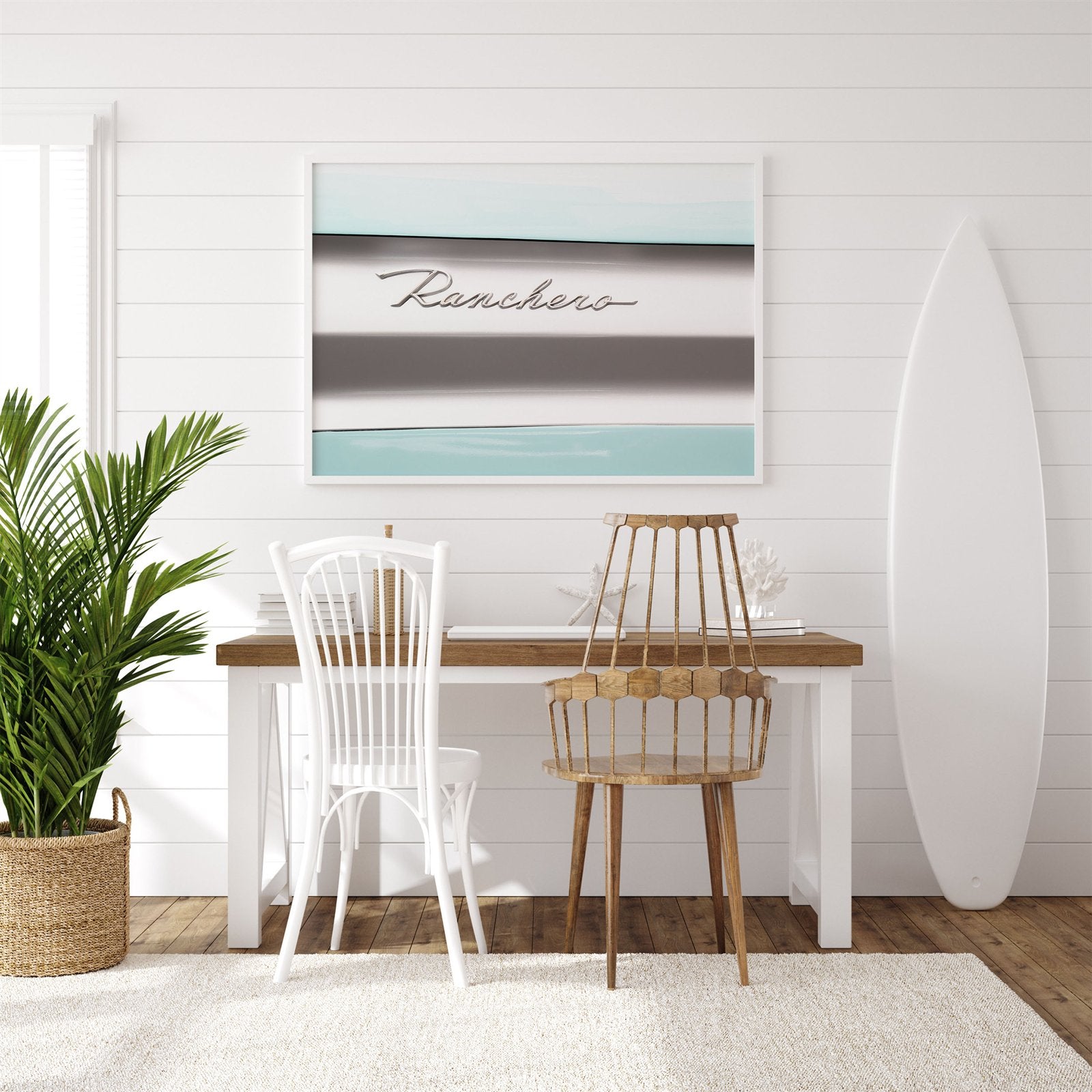Framed photo of: Ranchero 7781 displayed on a wall above a desk in a surf theme room.