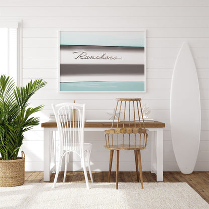 Framed photo of: Ranchero 7781 displayed on a wall above a desk in a surf theme room.