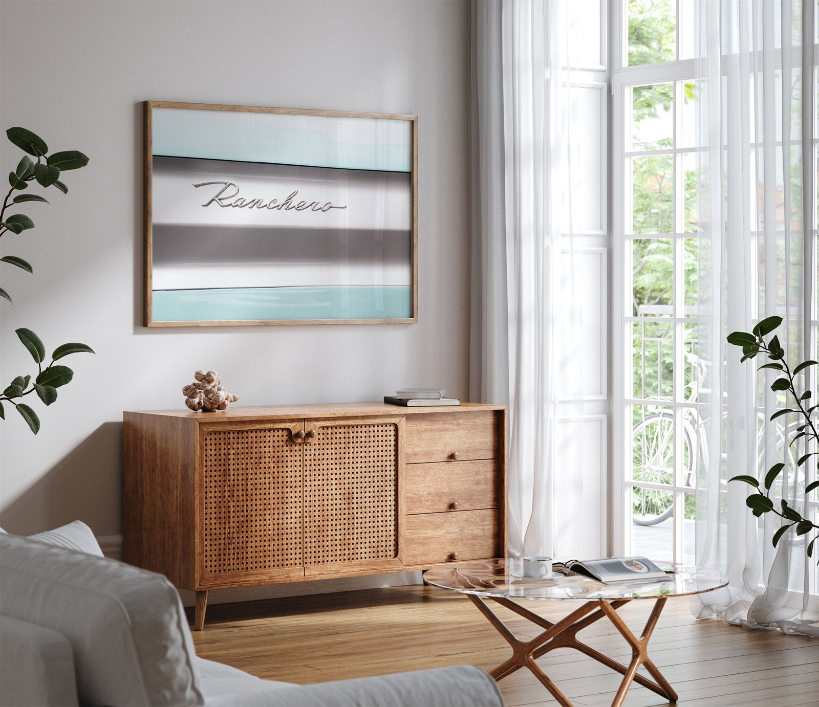 Framed photo of: Ranchero 7781 displayed on a wall above a console in a modern living room.