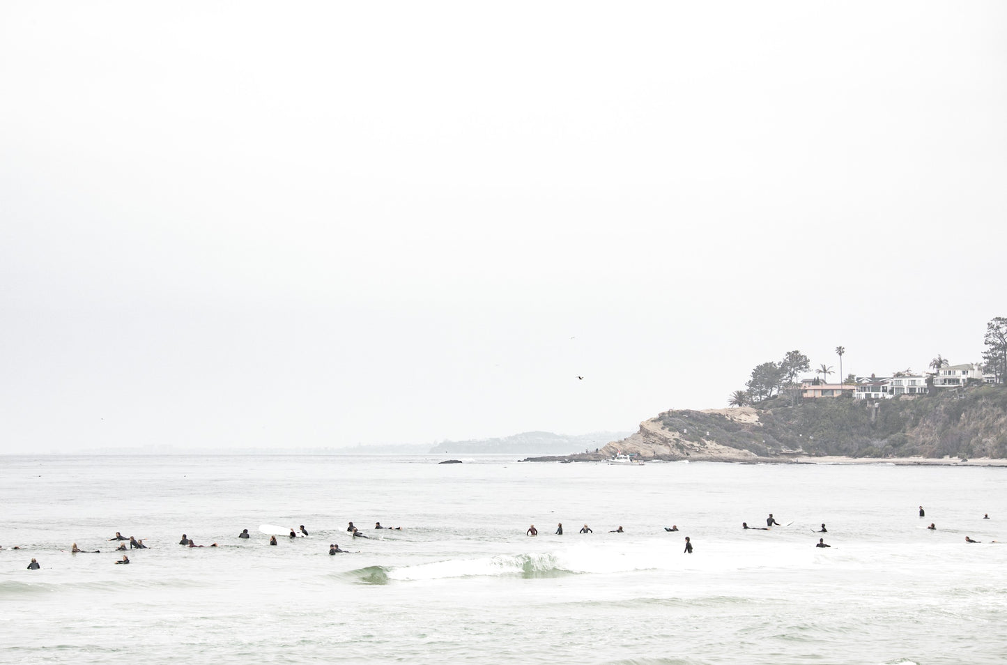Photography by Kim Dybczak of: Surfers paddle out at Salt Creek as waves rise and fold toward the beach.