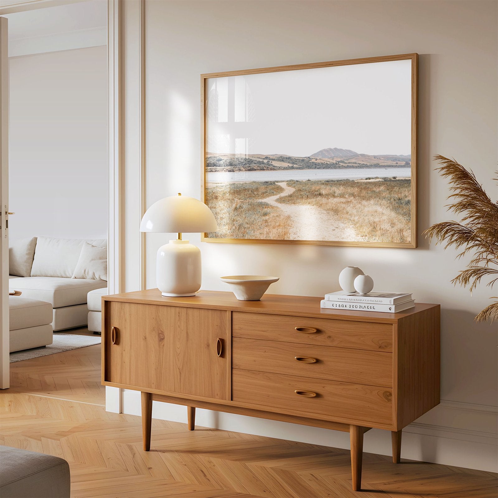 Framed photo of: Tomales Bay 7149 displayed above a console in a modern entryway.