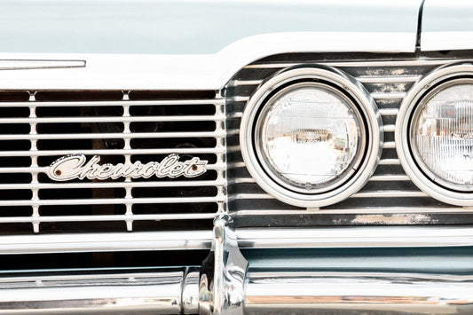 Photography by Salt Creek Prints of: Chevrolet 7965, Close up image of the front of a vintage Chevrolet in mint green.