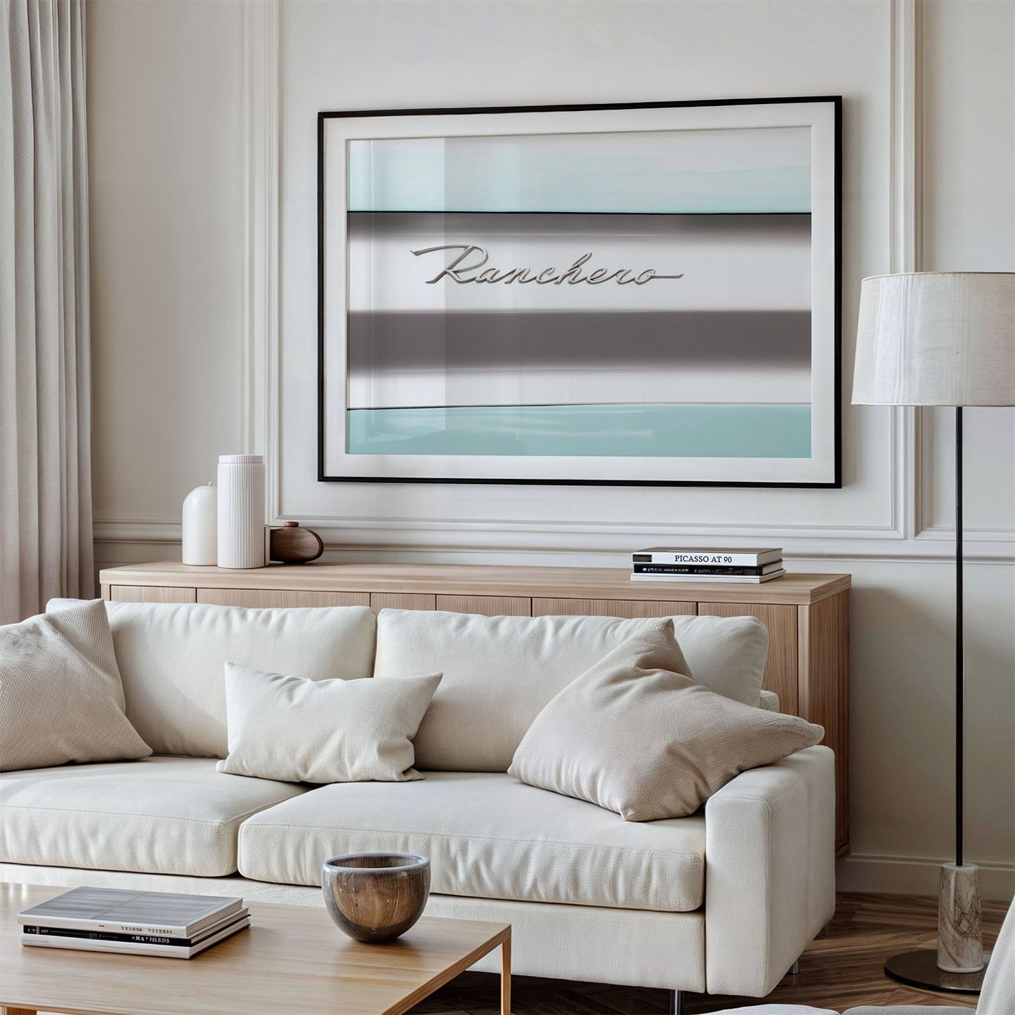 Framed photo of: Ranchero 7781 displayed above a couch in a modern living room.