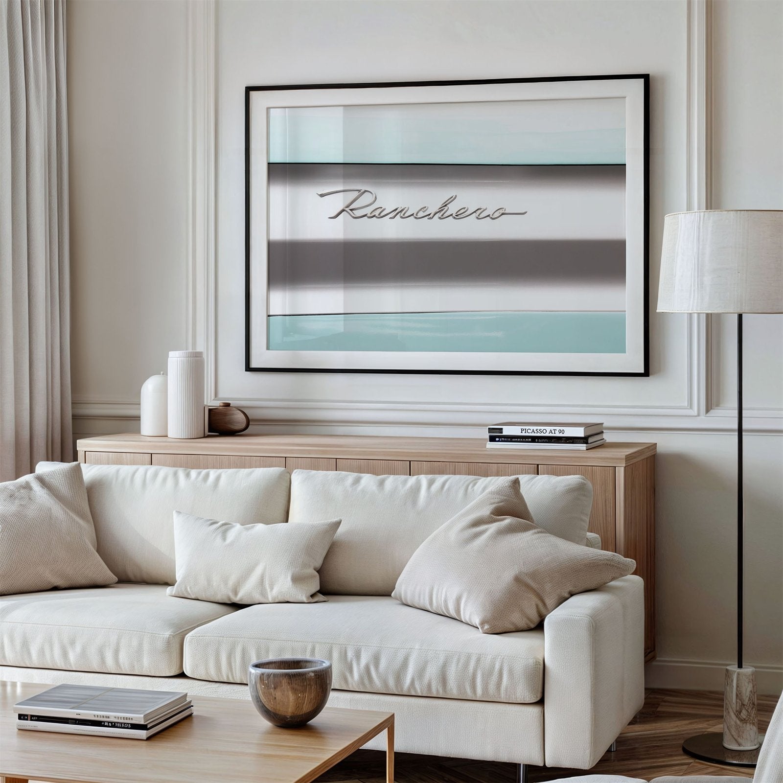 Framed photo of: Ranchero 7781 displayed above a couch in a modern living room.