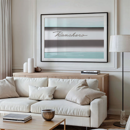 Framed photo of: Ranchero 7781 displayed above a couch in a modern living room.
