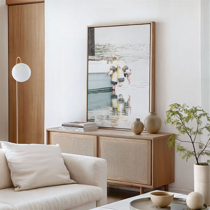 Canvas framed photo of: Bodega Bay Boat 7653 in a living room on a console.