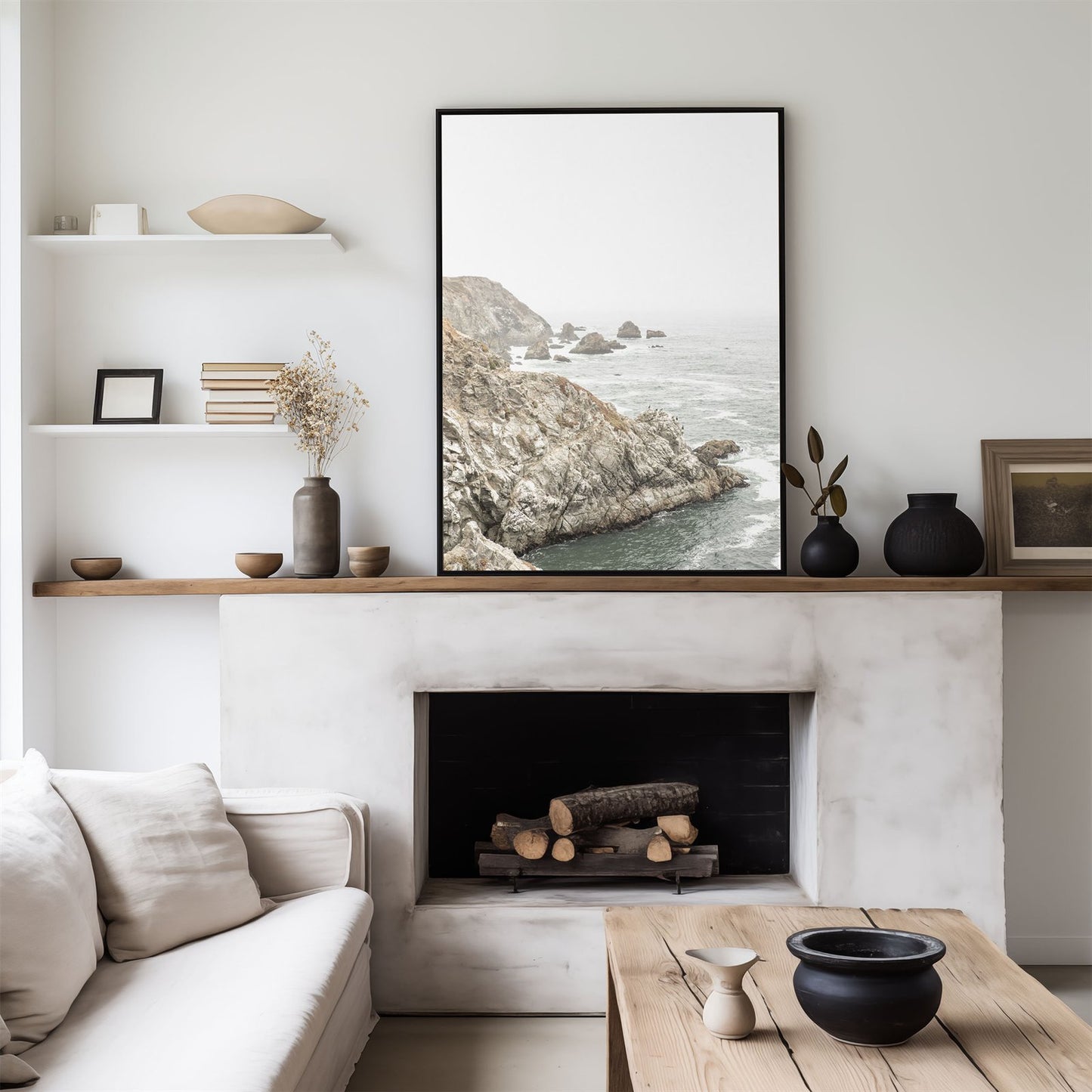 Framed photo of: Bodega Head 7724 displayed above a fireplace in a neutral modern living room.