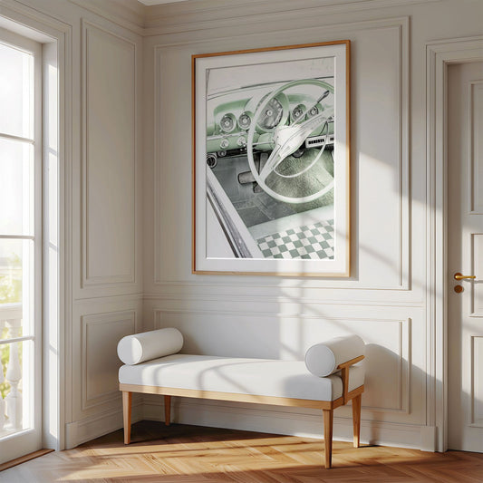 Framed photo of: Bel Air 7889 displayed on a wall above a bench in a luxury hallway.
