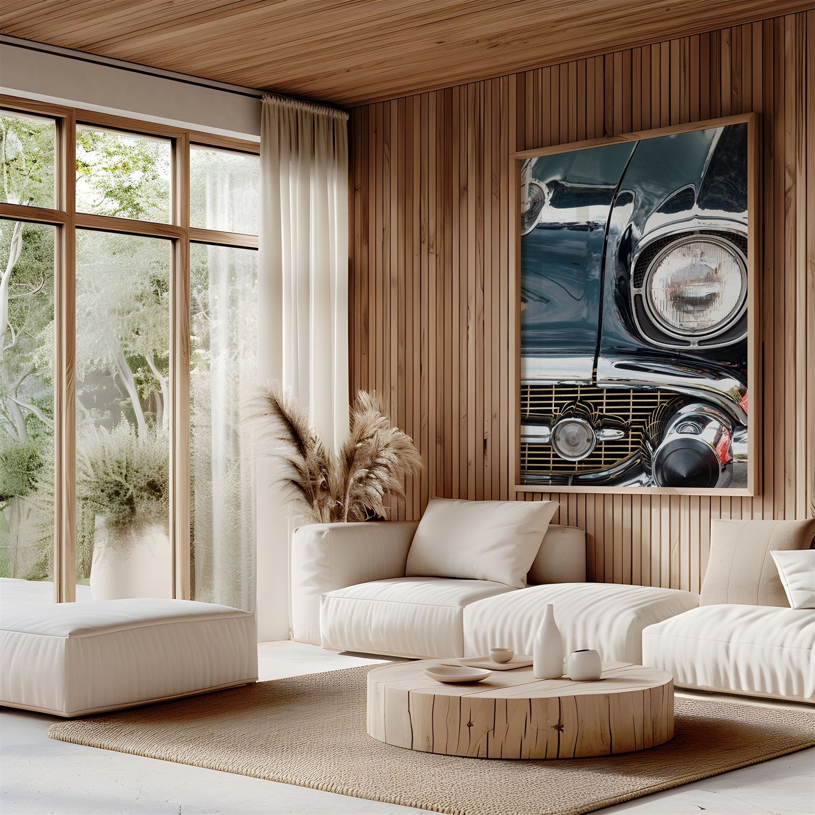Oversized framed photo of: Chevrolet 7808 displayed above a couch in a modern living room.