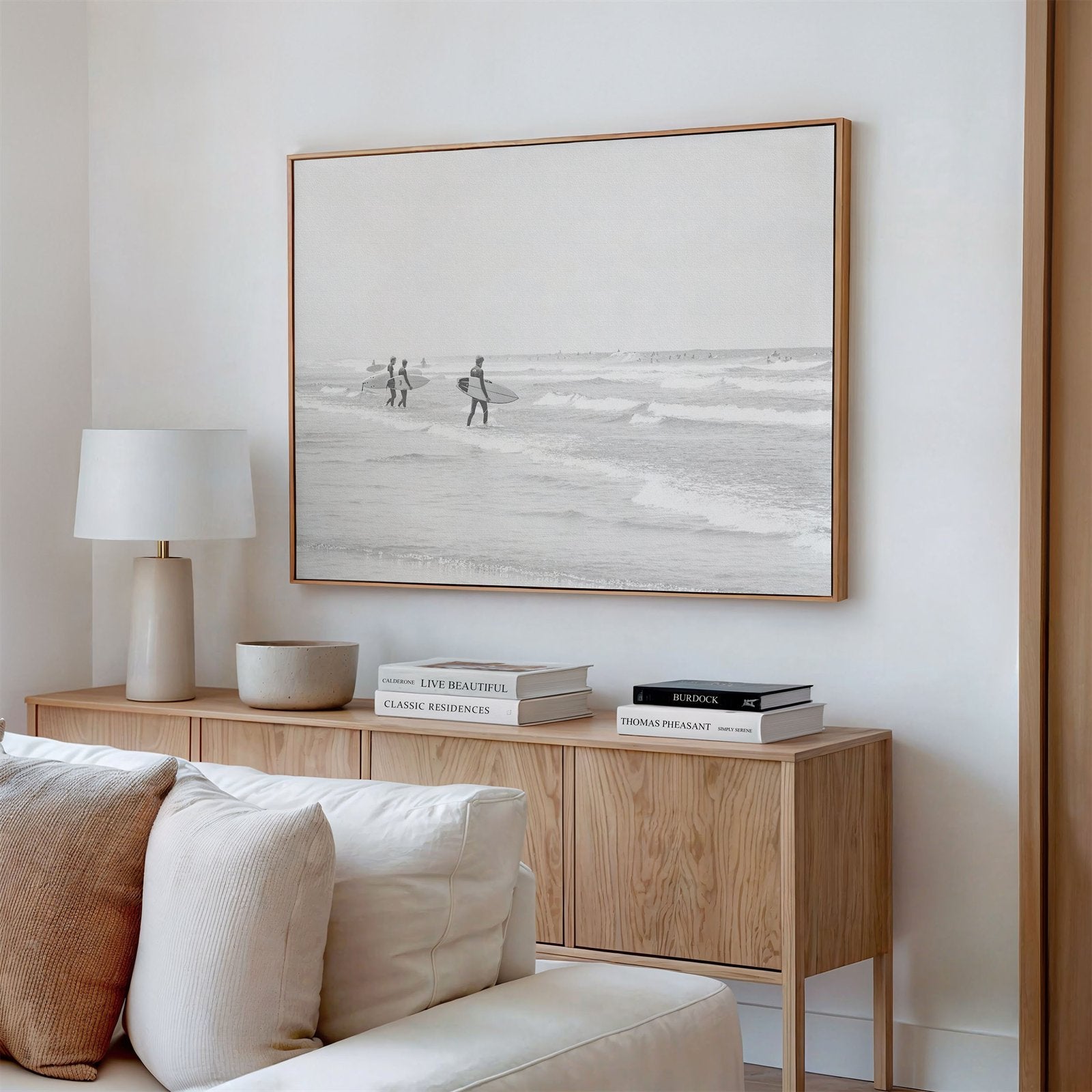Framed canvas photo of: Moonlight Beach 4159 displayed above a couch.