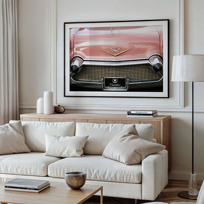 Framed photo of: Cadillac 7917 displayed over a couch in a modern living room.