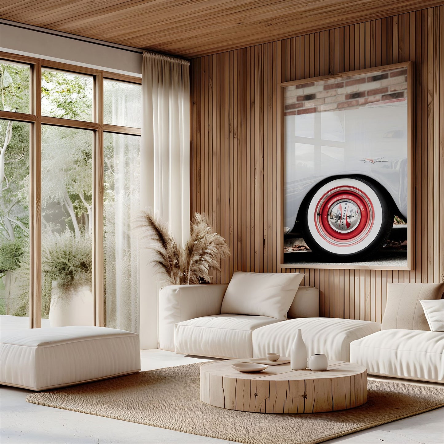 Oversized framed photo of: Chevy Power 7793 displayed on a wall above a couch in a modern neutral room.