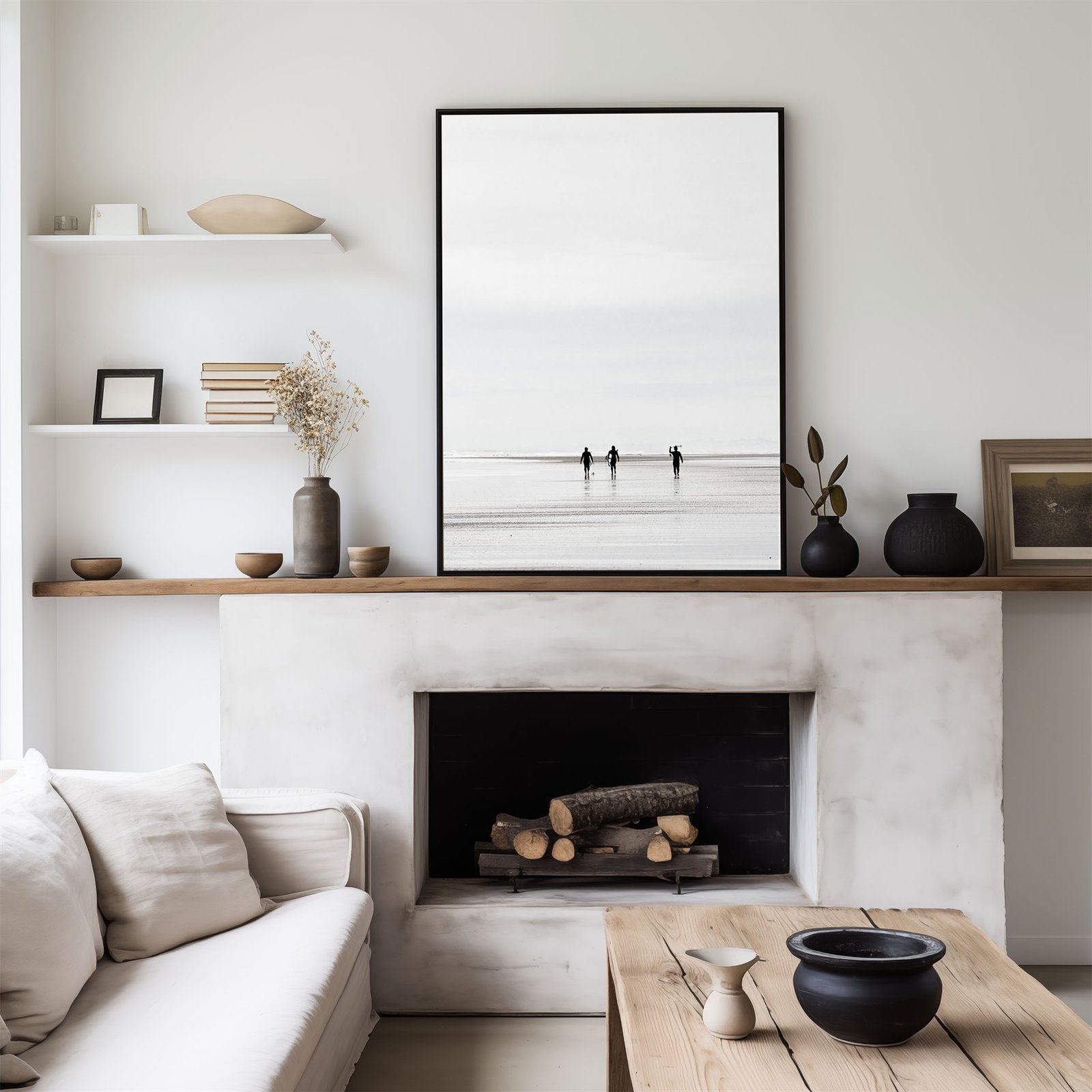 Canvas framed photo of: Black’s Beach 3771 displayed above a fireplace mantel. 