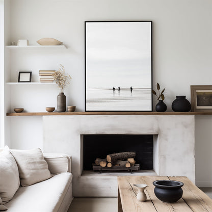 Canvas framed photo of: Black’s Beach 3771 displayed above a fireplace mantel. 