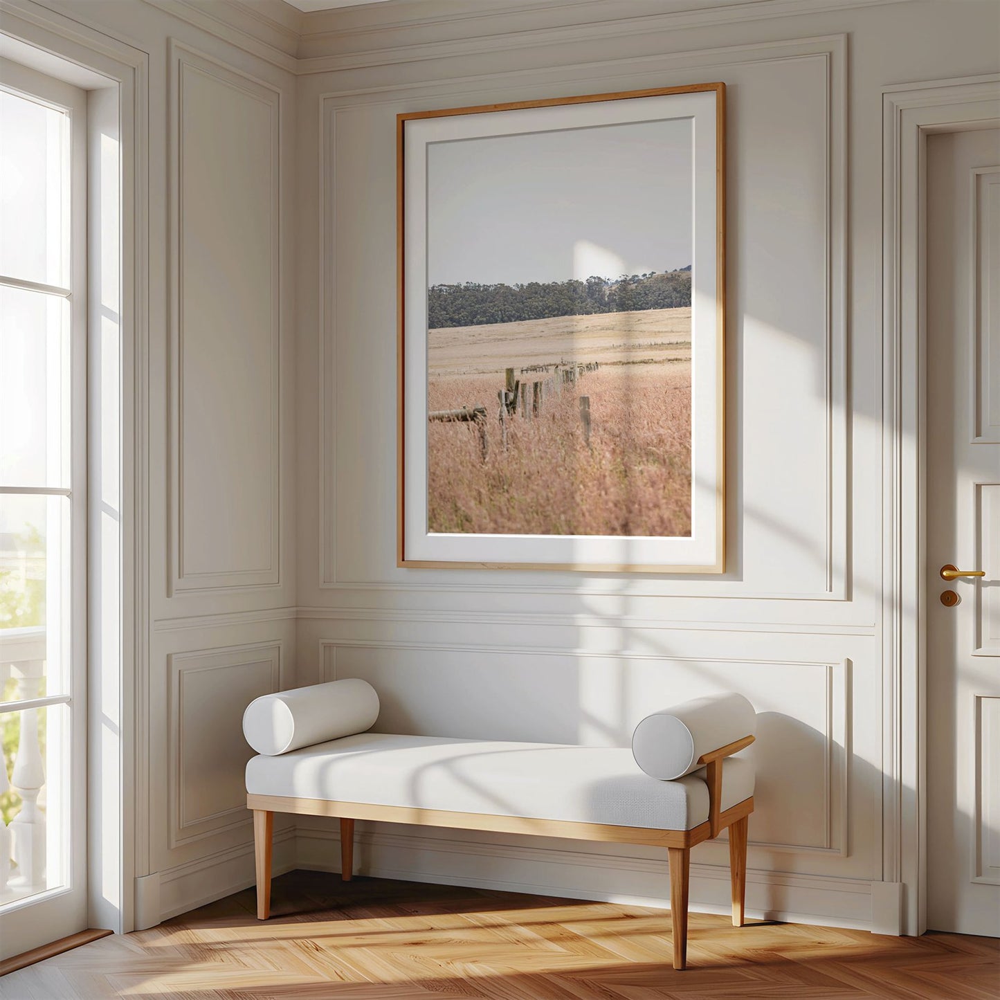 Framed photo of: Point Reyes 7188 displayed above a bench in a luxury hallway.