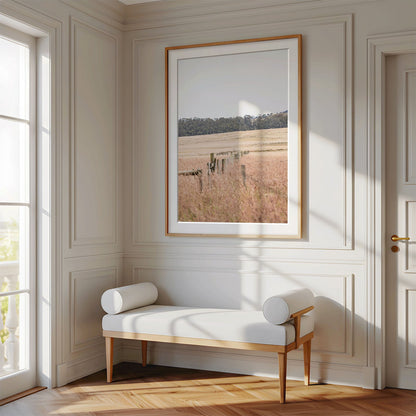 Framed photo of: Point Reyes 7188 displayed above a bench in a luxury hallway.