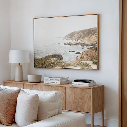 Canvas framed photo of: Bodega Head 7728 displayed above a console in a neutral living room.