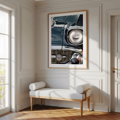 Framed photo of: Chevrolet 7808 displayed above a bench in a luxury hallway.