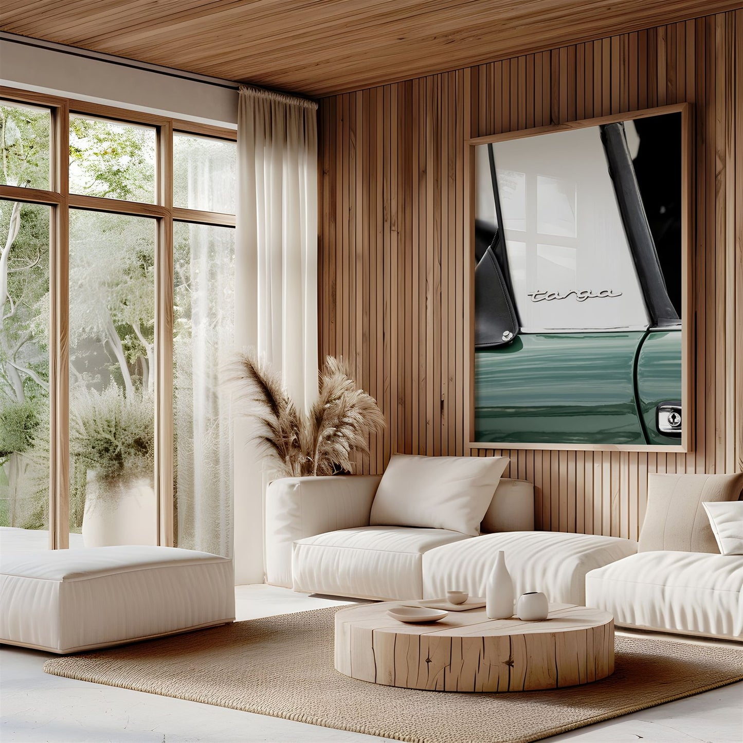 Oversized framed photo of: Targa 8000 displayed on a wall in a modern living room.