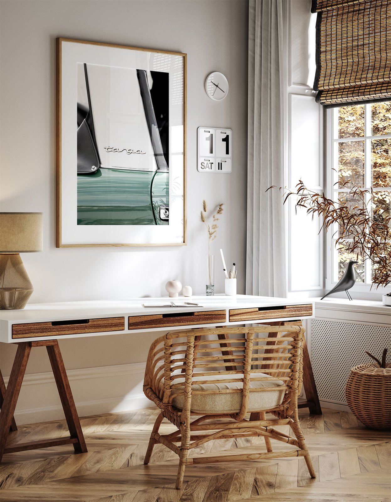 Framed photo of: Targa 8000 displayed on a wall above a desk.