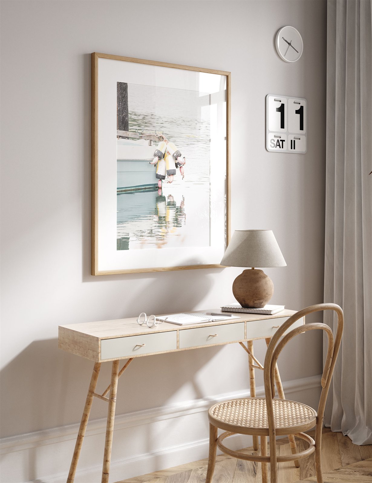 Framed photo of: Bodega Bay Boat 7653 displayed in an office above a desk.