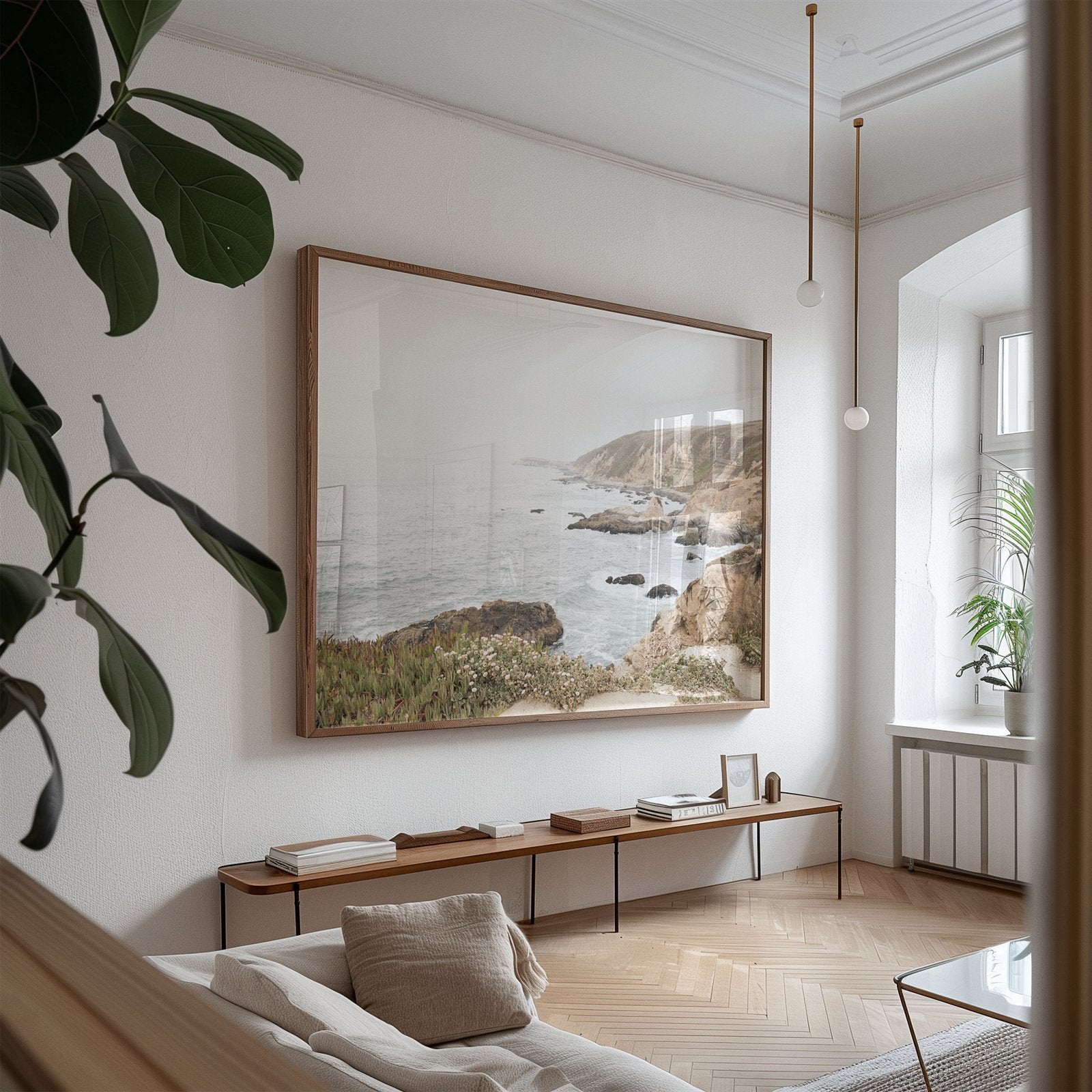 Oversized framed photo of: Bodega Head 7728 displayed above a console in a living room.
