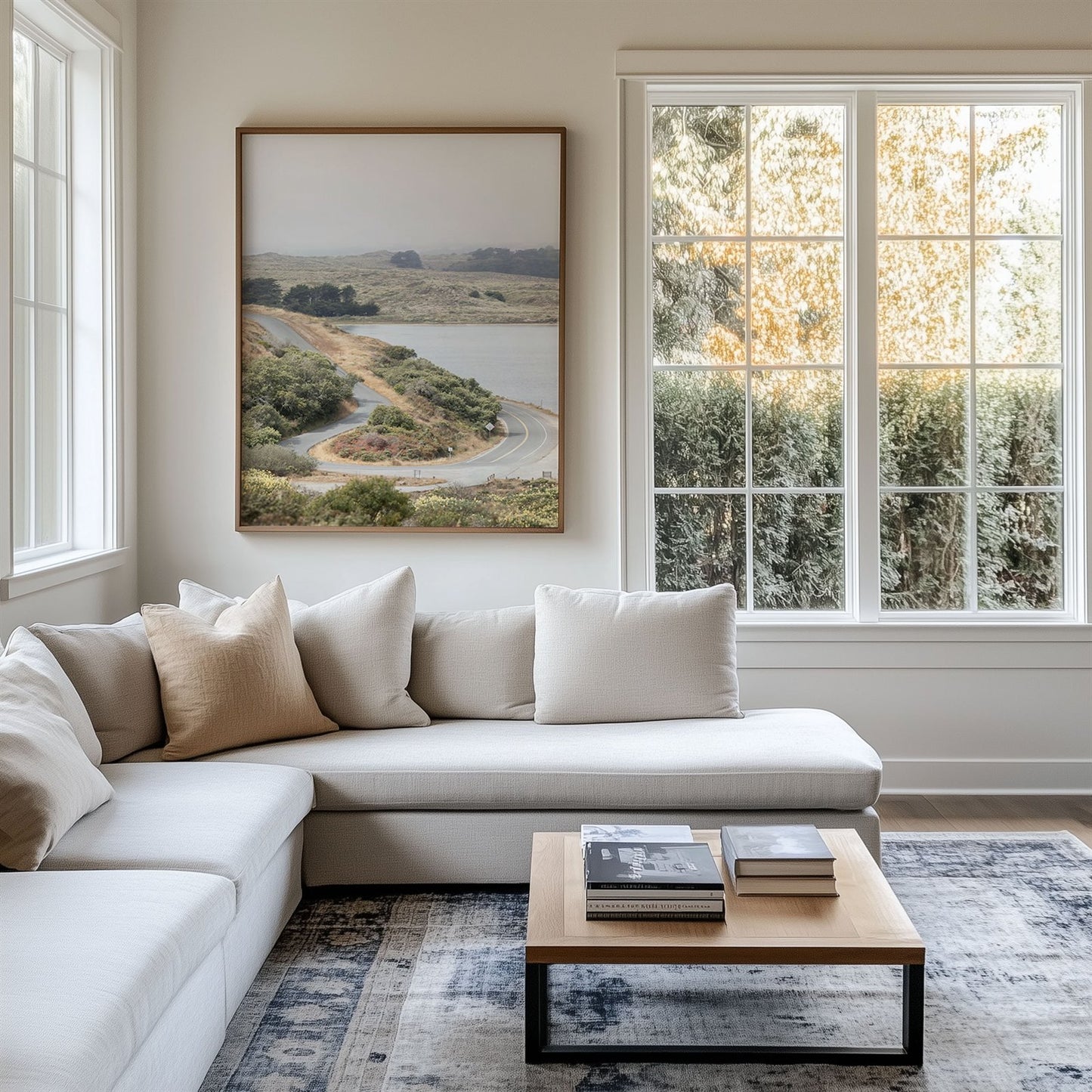 Framed photo of: Bodega Bay 7763 displayed above a couch in a modern coastal living room.