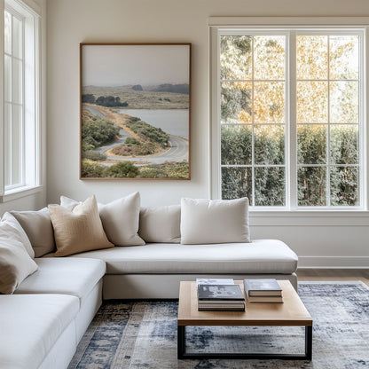 Framed photo of: Bodega Bay 7763 displayed above a couch in a modern coastal living room.