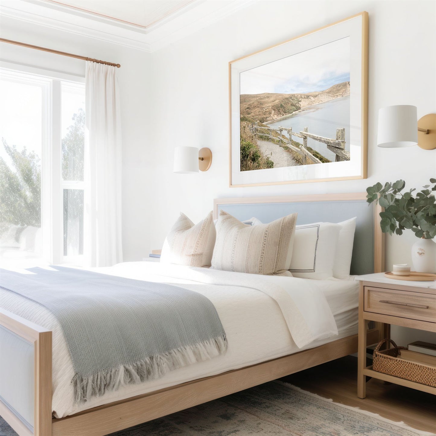 Framed photo of: Drakes Bay 7372 displayed above a bed in a coastal bedroom.