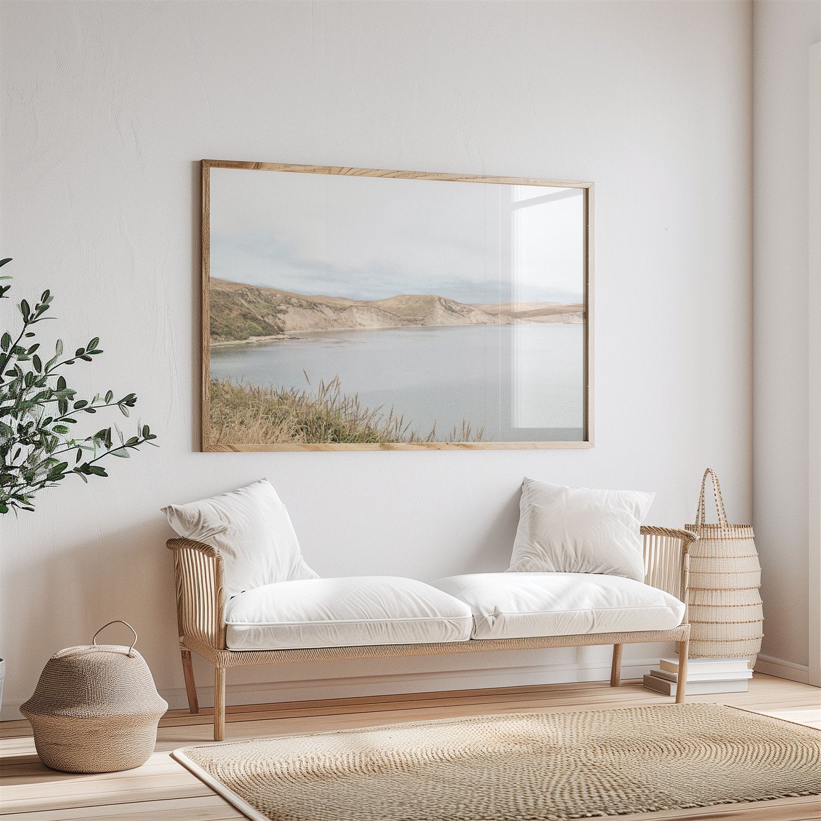 Framed photo of: Drakes Bay 7383 displayed above a couch in a neutral room.