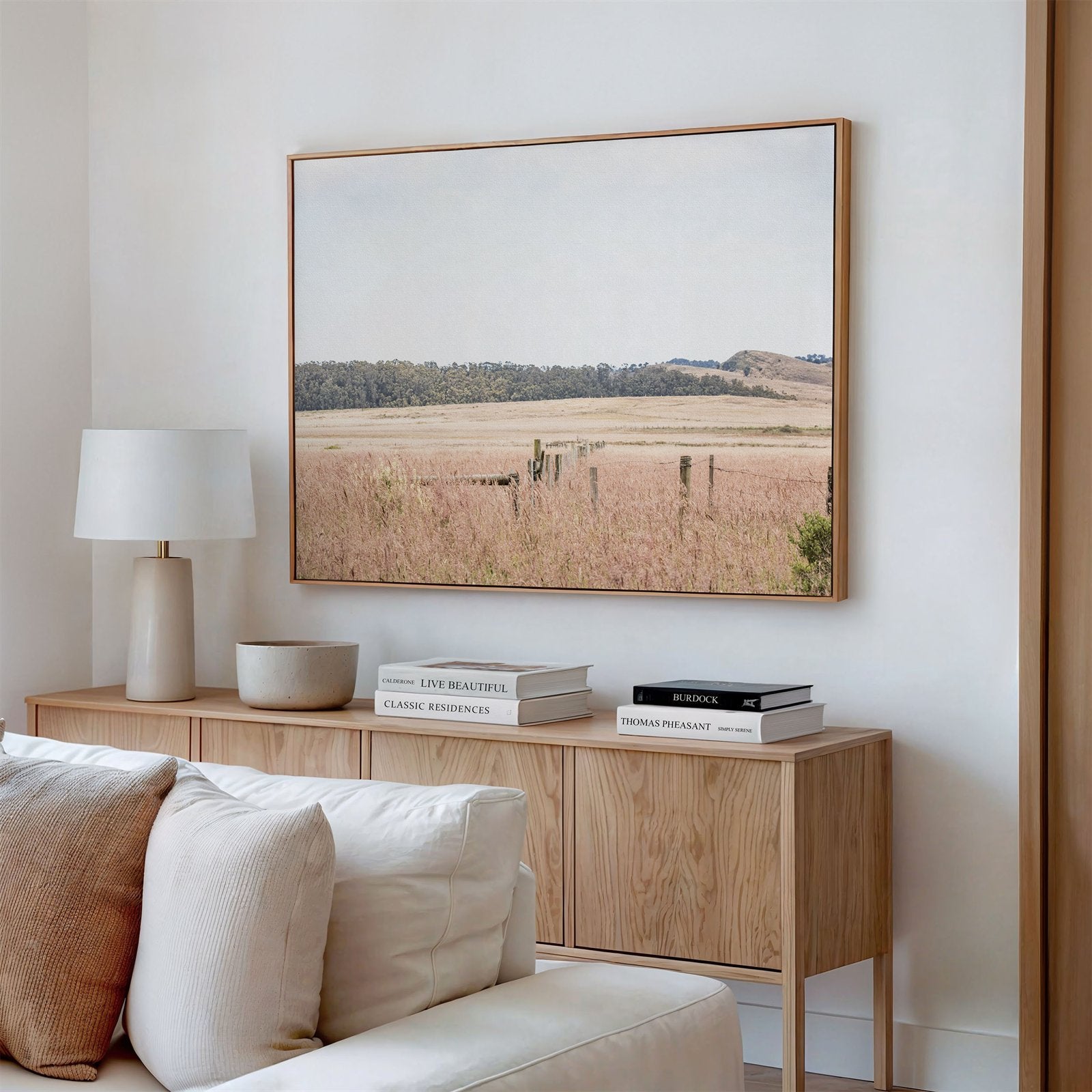 Framed canvas photo of: Point Reyes 7187 displayed above a console in a neutral room.