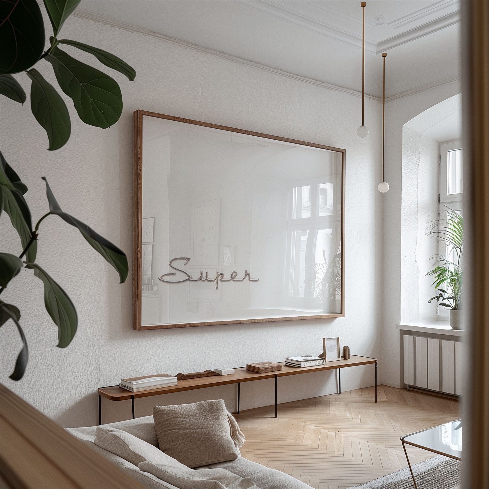 Oversized framed photo of: Super 7772 displayed above a console in a modern living room.