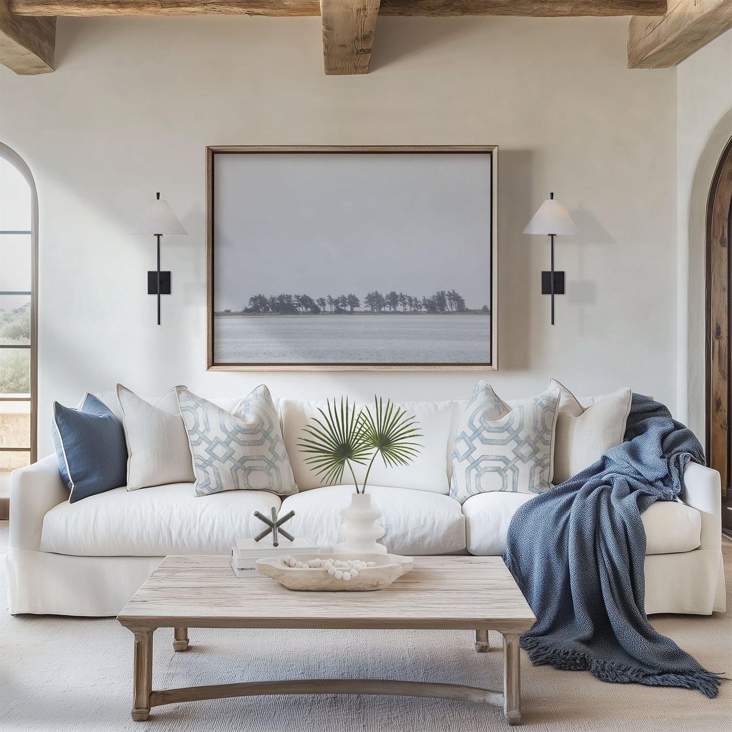 Framed photo of: Bodega Bay 7659 displayed in a coastal living room above a couch.
