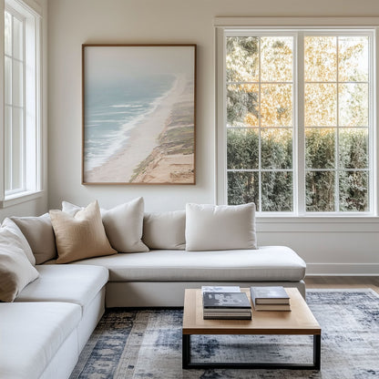 Framed photo of: Point Reyes Beach 7430 displayed above a couch in a modern coastal living room.