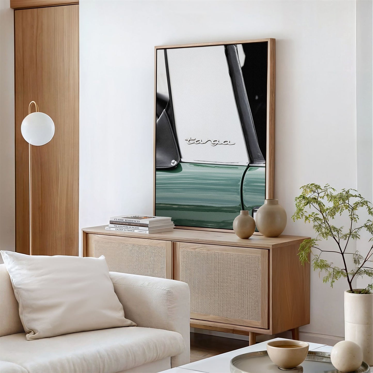 Framed canvas photo of: Targa 8000 displayed on a wall above a console in a neutral living room.