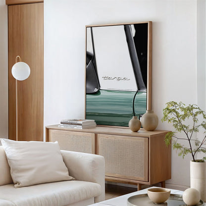 Framed canvas photo of: Targa 8000 displayed on a wall above a console in a neutral living room.